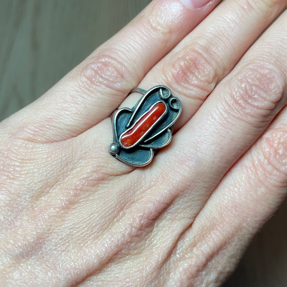 Sterling and Coral Ring Size 4.75